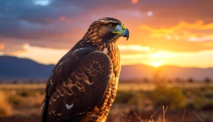 Hawk at sunset over plains