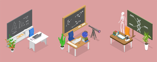 3D Isometric Flat Vector Illustration of Classroom set in School, Learning and Education
