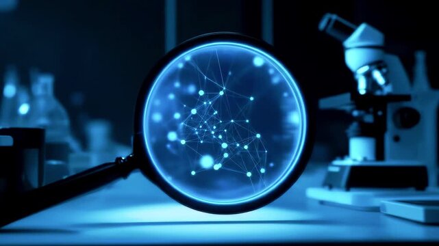 Scientific exploration with a magnifying glass revealing intricate connections in a lab setting