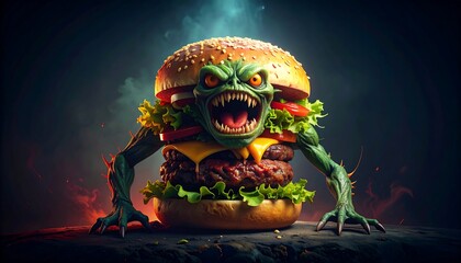 Monster burger with glowing eyes and angry face, flames in the background