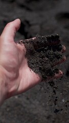 Hand holding gritty black volcanic sand, Ajuy, Fuerteventura