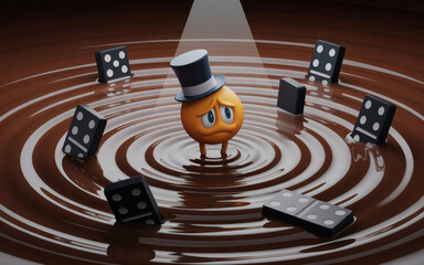 A cartoon rendering shows a sad emoji wearing a hat, standing in a circular chocolate liquid surrounded by dominoes. This illustration is part of a collection of similar images being submitted to Adob