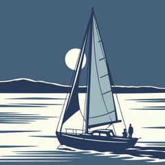 sailboat glides across calm waters under full moonlight