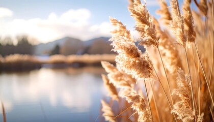 Golden grasses by a winter pond. Sunlight filters through