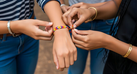 Friendship Bracelet Colorful Woven Being Tied on Wrist Outdoors