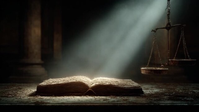 Illuminating Knowledge: A vintage book, its pages open, bathed in a radiant beam of light, accompanied by a traditional balance scale, symbol of wisdom and justice.