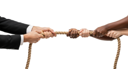Powerful male arm in black suit pulls taut rope, opposing diverse hands pull from right on transparent studio background, high contrast, concept of fierce business competition
