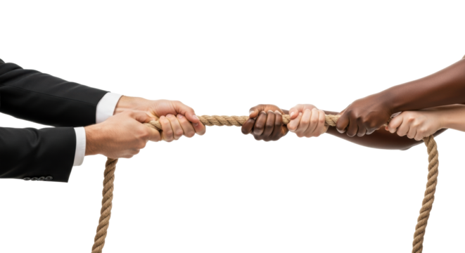 Powerful male arm in black suit pulls taut rope, opposing diverse hands pull from right on transparent studio background, high contrast, concept of fierce business competition
