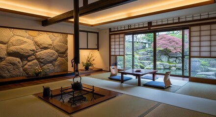 Obraz premium Tranquil traditional Japanese room with irori hearth and serene garden view