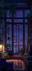A cozy living room with a view of a city at night, filled with plants and warm lighting, evoking a tranquil and peaceful ambiance.