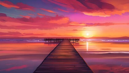 Fototapeta premium Vibrant sunset over pier and ocean