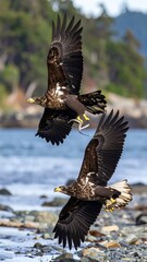 Naklejka premium Two magnificent eagles soar above a rocky shoreline, wings outstretched in a powerful display of flight.