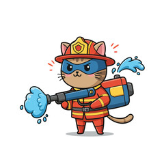 Obraz premium Cartoon cat dressed as a firefighter sprays water from a hose