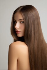 Fototapeta premium Woman with long, sleek brown hair posing.