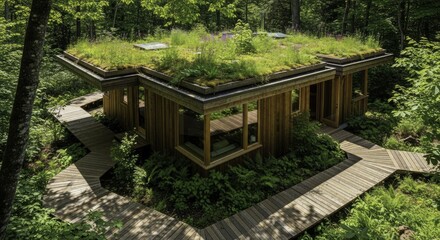 Fototapeta premium Elevated view of a contemporary wooden house with a vibrant green living roof and intricate wooden walkways, nestled harmoniously within a lush, sun-dappled forest.