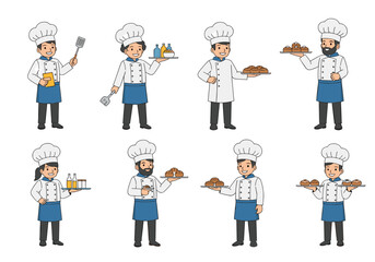 Collection of cartoon chefs presenting food and drinks with smiling faces