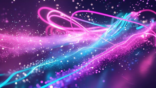 Golden and violet glowing ribbons swirling like cosmic energy streams across a deep black background with shimmering particles.Golden and violet glowing ribbons swirling like cosmic energy streams acr