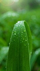 Close-up of a vibrant green leaf covered in dew drops. Sunlight highlights the texture