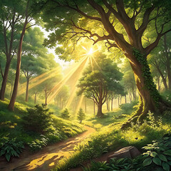 Golden sunbeams shining gracefully through the lush green enchanted forest trees, Ai Generated