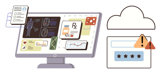 Computer displaying medical records, diagnostics, and prescriptions. Cloud icon with warning symbol emphasizes data privacy, security, and efficient medical data storage. Ideal for digital health