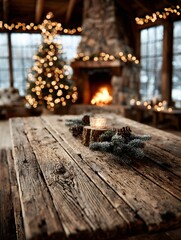 Christmas decoration on rustic wooden table illuminating cozy living room