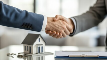 A handshake symbolizes a real estate agreement, with a house model and keys on the table, representing a successful property deal.