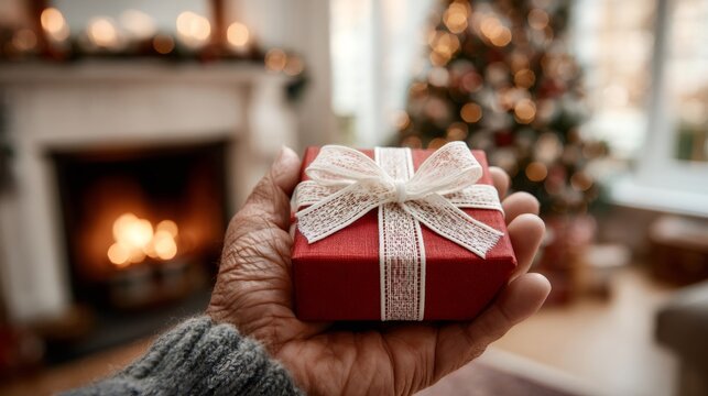Senior man holding christmas gift in front of fireplace and tree - Powered by Adobe