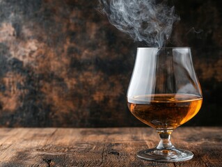 A glass of amber liquor emits wisps of smoke against a rustic wooden background, creating a warm and inviting atmosphere.