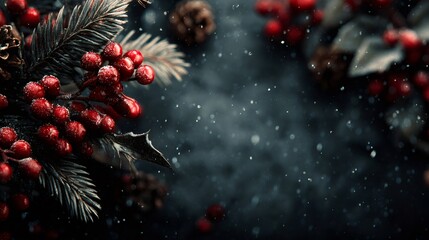 Christmas background with snow falling on red berries and pine cones