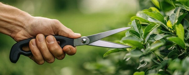 A hand holding scissors trims a green plant, showcasing gardening and plant care in a lush, vibrant environment.