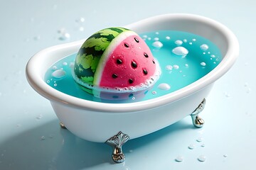 Watermelon bath bomb floating in a miniature clawfoot tub