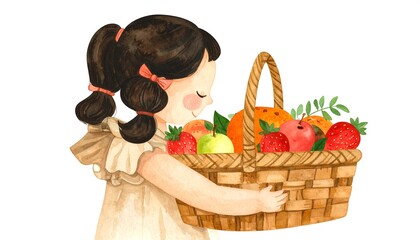 A girl carrying a basket of fruit