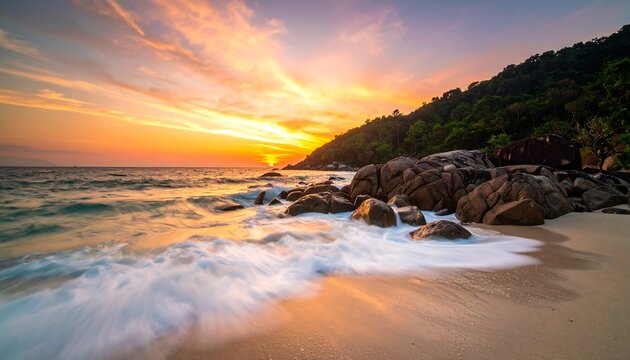 Dramatic sunset over a tropical beach with waves crashing on rocks