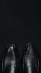 Elegant Black Leather Loafers Minimalist Studio Fashion Accessories Luxurious Setting Top-Down Perspective Sophisticated Style