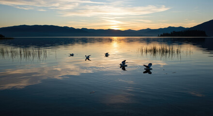 Fototapeta premium Lake Sunset Flying Birds Mountain Reflection
