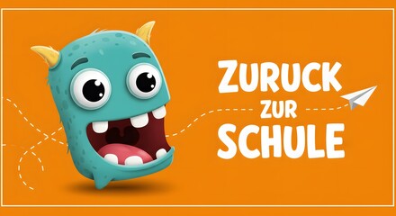 Cartoon monster character with school theme and paper plane on orange background