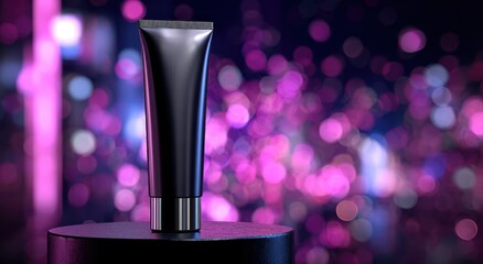 High quality photo of black beauty tube mockup on a podium with blurred purple and pink lights in the background. mock-up for the design of a cosmetic product presentation or.