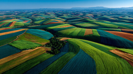 Breathtaking aerial view of vibrant agriculture patchwork landscape with rolling green hill