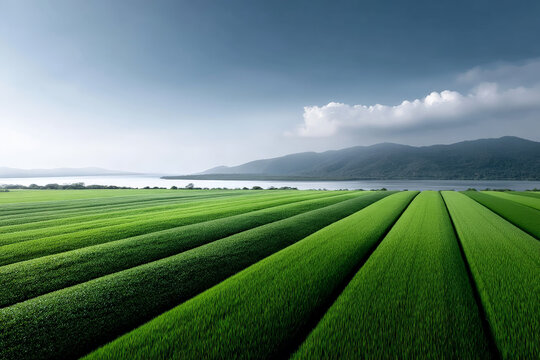 Tranquil drone view of vast green agriculture field landscape with geometric pattern