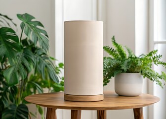 Off White Cylindrical Table Lamp with Wooden Base among Greenery