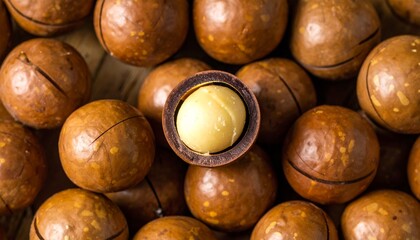 Macadamia Nuts with Cracked Shell Close Up