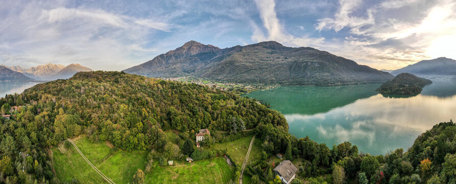 Aerial nature landscape sunset Piona village in Lake Como Italian Alps mountains in Lombardy