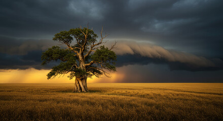 Fototapeta premium Lone tree stormy sky golden field