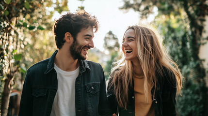 Young couple laughing while holding hands. World Smile Day theme.