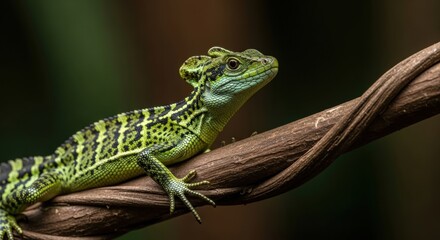 Fototapeta premium Green basilisk lizard resting on a tree branch in lush jungle environment
