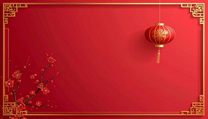 Elegant Chinese New Year background with solid red backdrop and thin golden rectangular frame with decorative corners. Large empty space in the center for copy, clean and modern festive design.