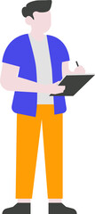 Flat illustration of a person writing on a clipboard.