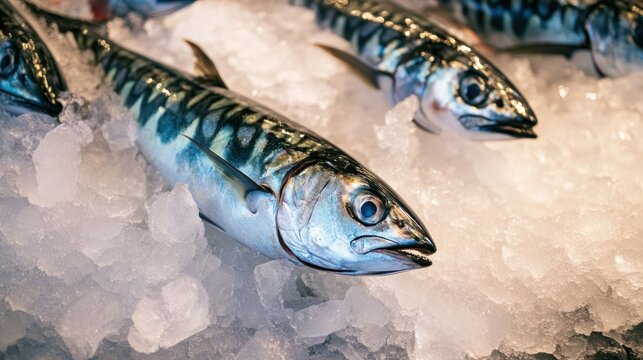 Vibrant fresh fish displayed on ice showcasing variety of seafood including marine fish and aquatic animals perfect for culinary market and seafood industry use