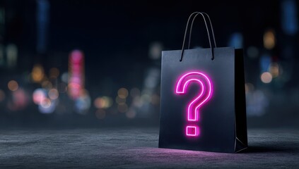 High quality photo of black paper shopping bag with a glowing pink question mark on a dark background, a banner design with a copy space area. neon light background for a sale or.