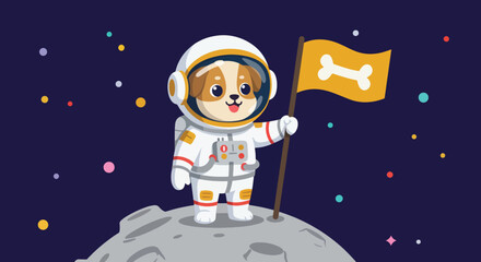 Fototapeta premium Cartoon dog astronaut plants bone flag on moon with stars